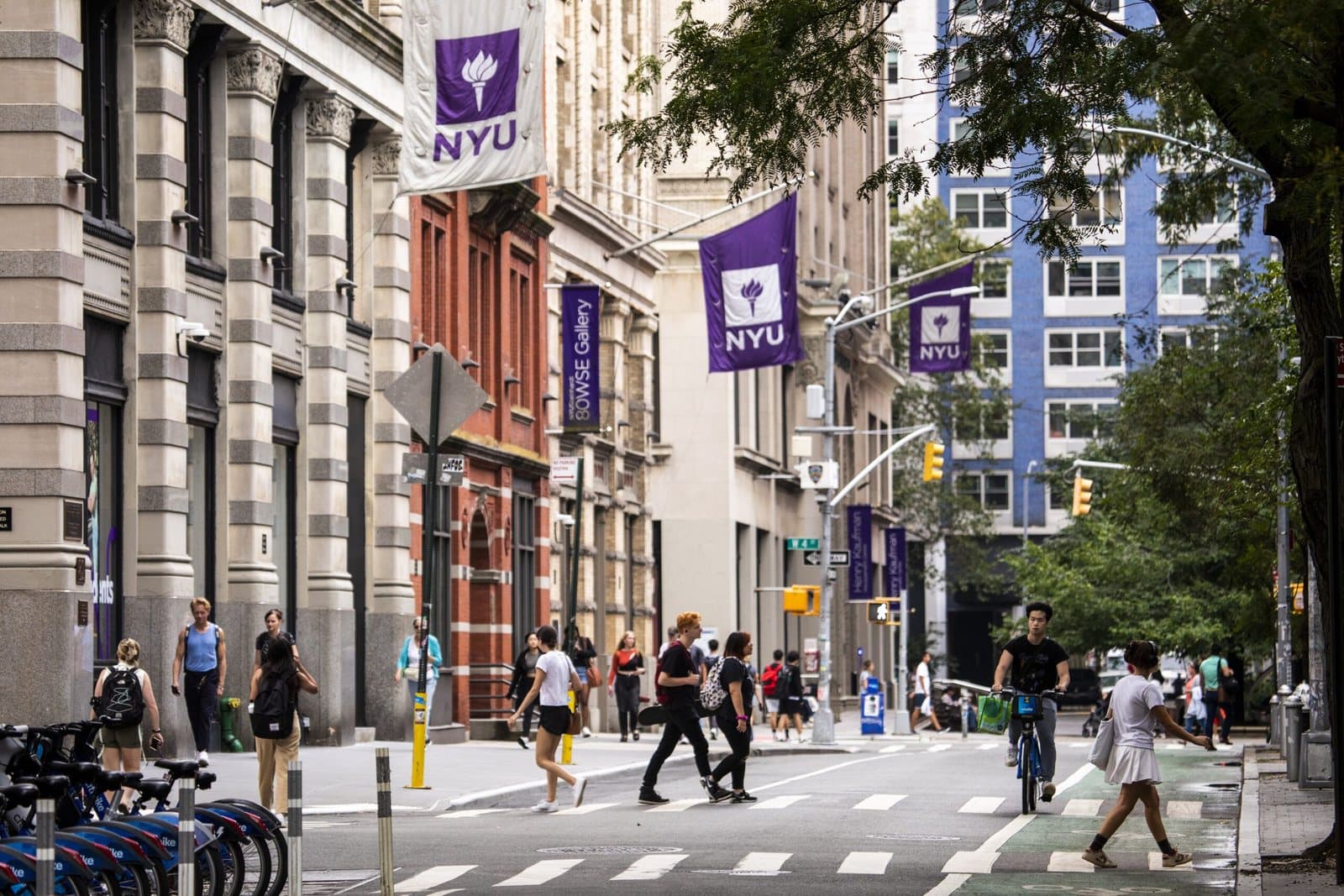 Una calle del campus urbano de NYU con sus banderas violetas