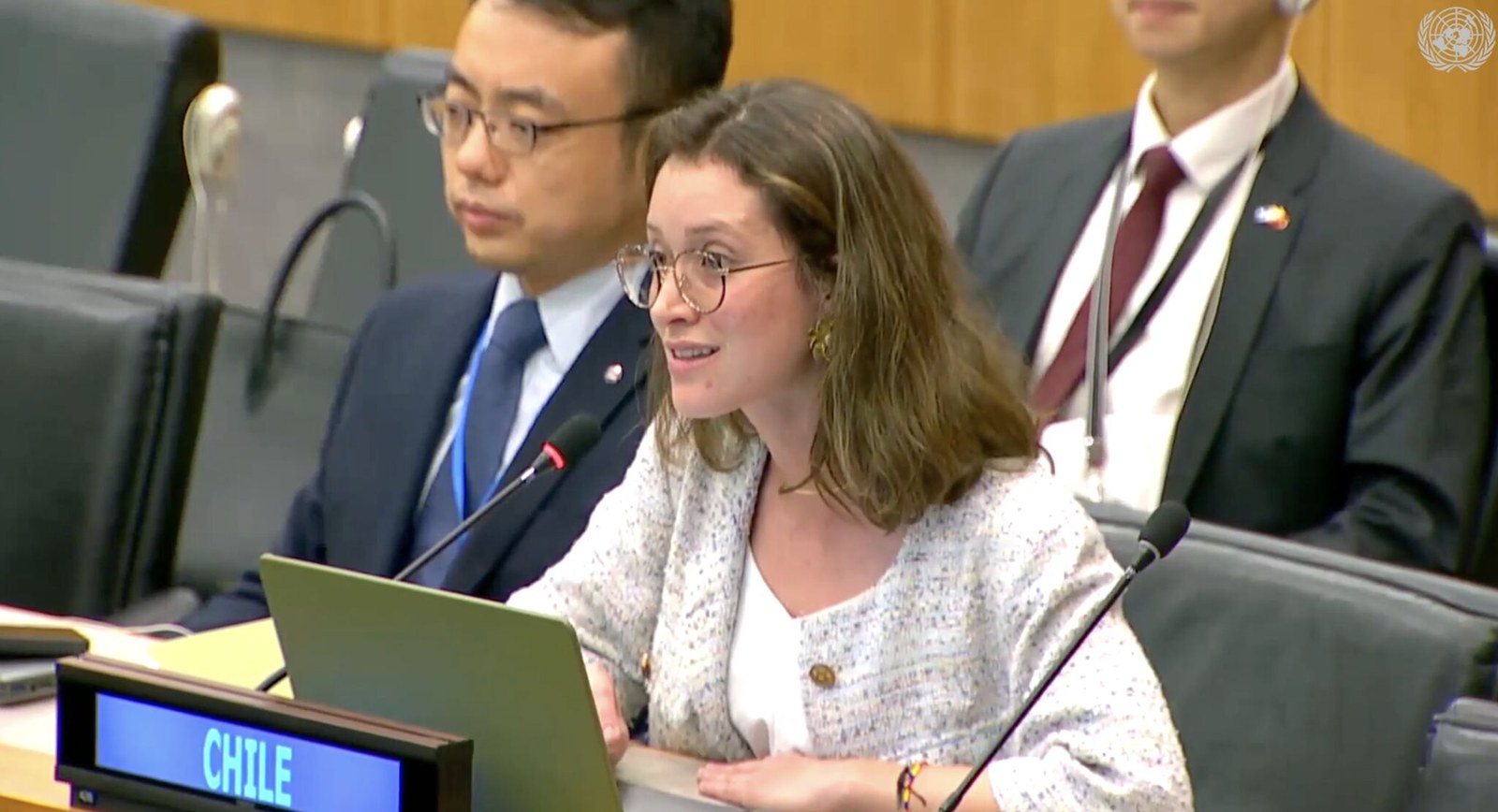 Maria Perdomo hablando ante las Naciones Unidas por la misión de Chile